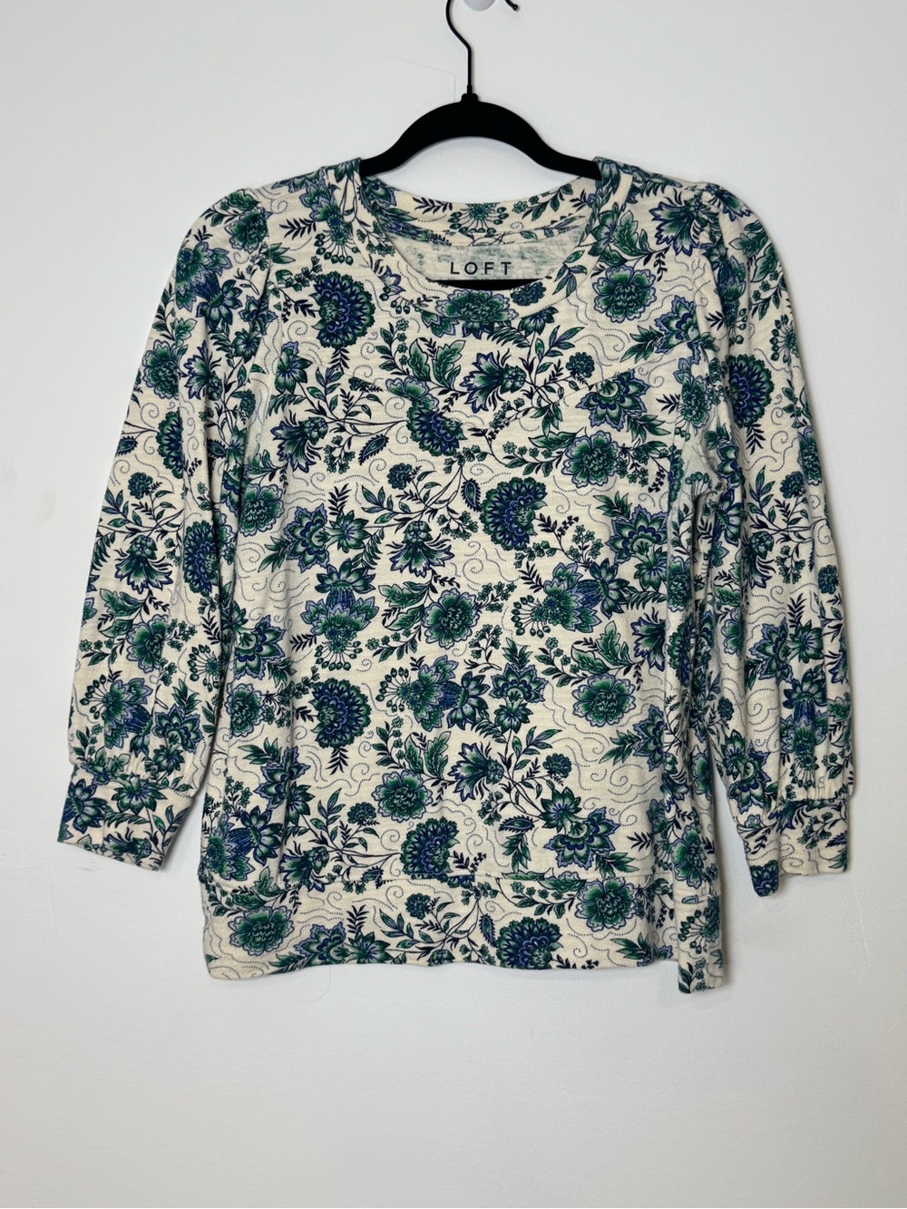 Loft Floral Pullover Blouse 3/4 Sleeve Crew Neck Cotton Small